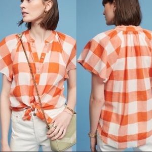 ANTHROPOLOGIE Maeve Buffalo Plaid Orange Top S